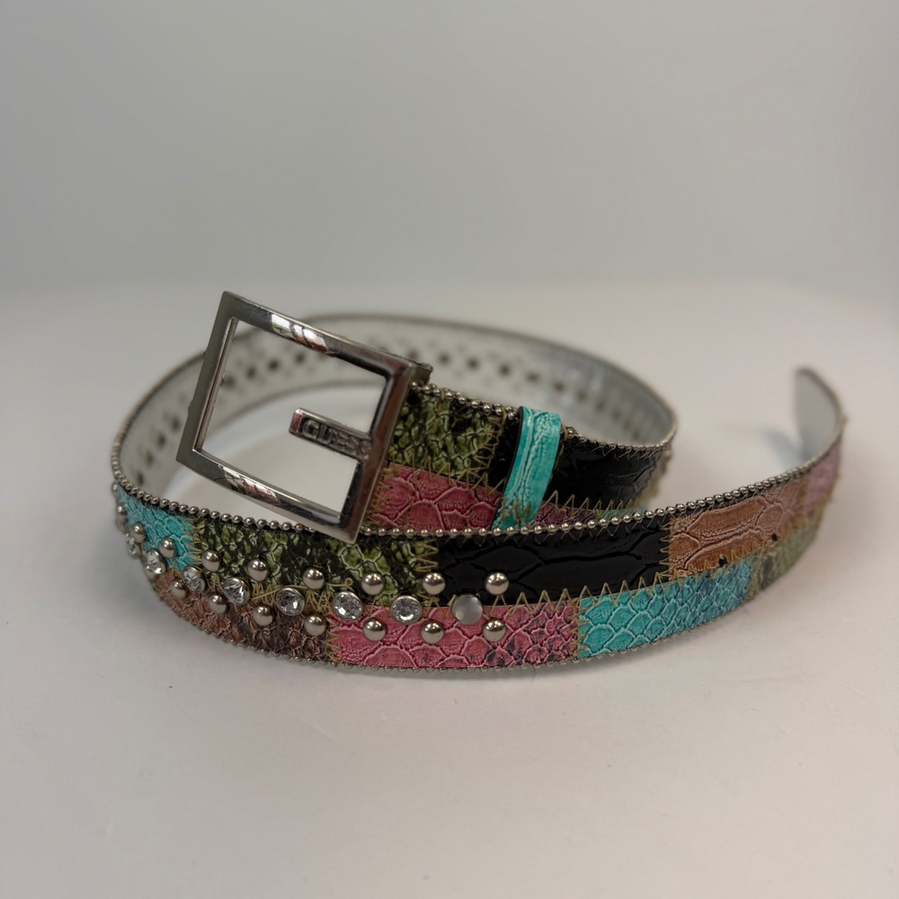 Vintage Guess Y2K Patchwork Snakeskin Studded Rhinestone Belt Multi Color Medium